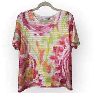 Christopher & Banks polyester/rayon White/Pink/Orange short sleeve v neck Shirt